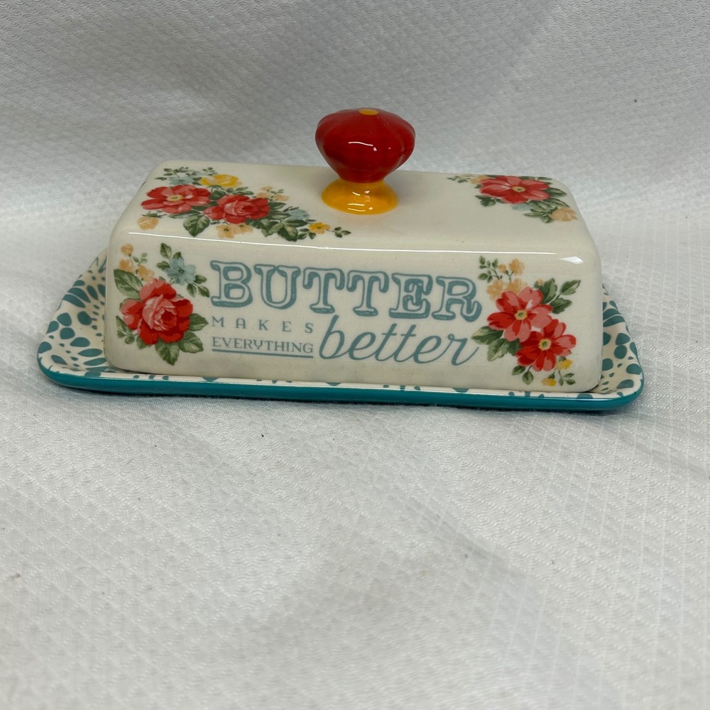 Pioneer Woman Butter Makes Everything Better Floral Stoneware Butter Dish Teal
